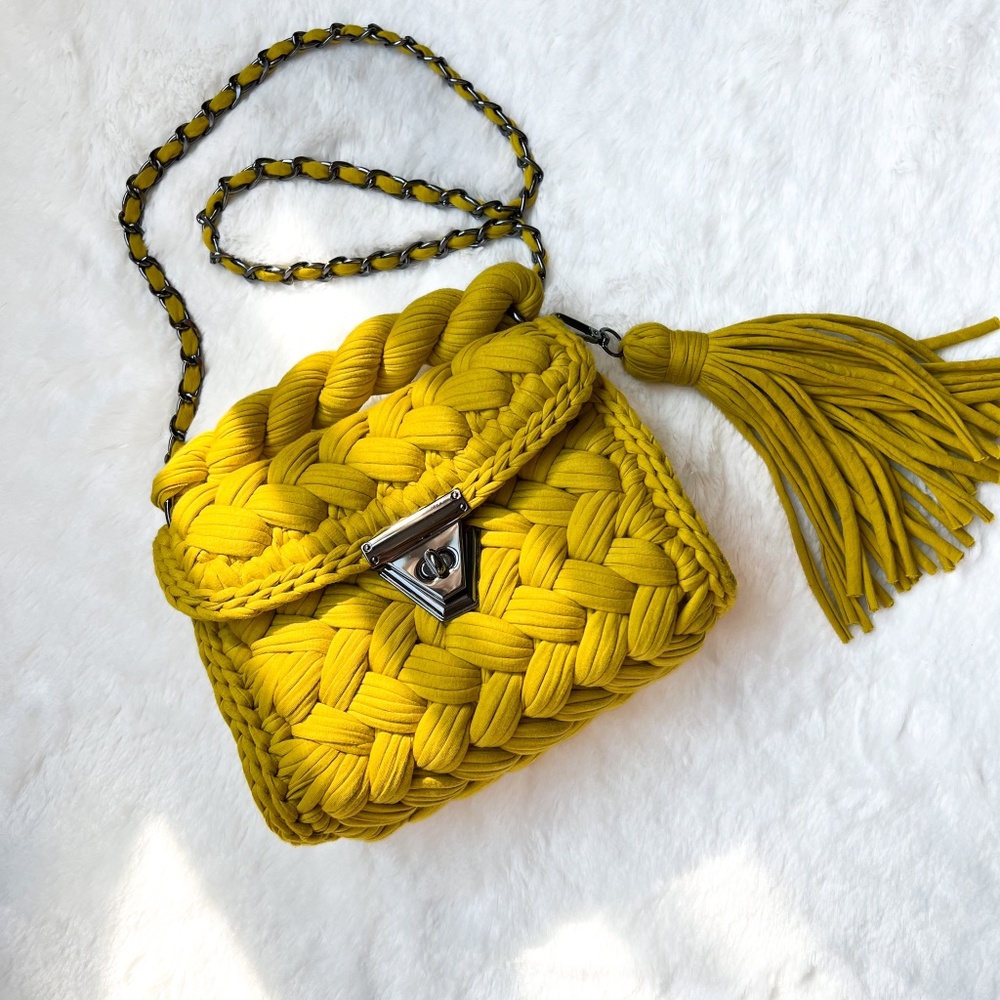 $159 NEW Handmade Crochet Knitted Luxury Fashion Shoulder Bag Mustard Yellow